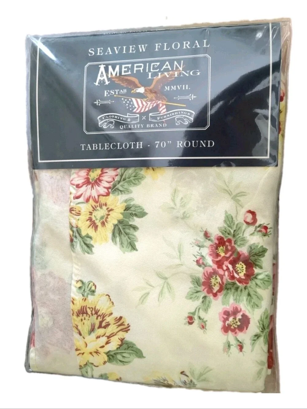 New American Living 70-in round tablecloth, Seaview Floral print, 100% cotton